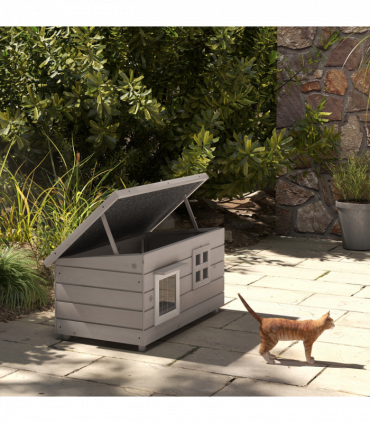 Pawhut Wooden Cat House Outdoor with Openable Top, Asphalt Roof, Window Grey