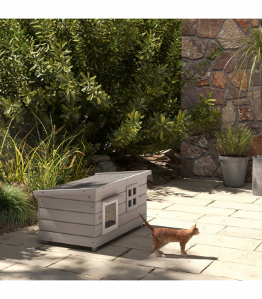 Pawhut Wooden Cat House Outdoor with Openable Top, Asphalt Roof, Window Grey