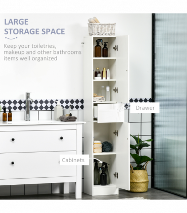 kleankin High Gloss Tall Bathroom Cabinet with Adjustable Shelves White