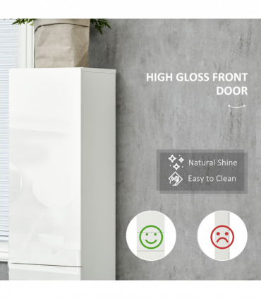kleankin High Gloss Tall Bathroom Cabinet with Adjustable Shelves White