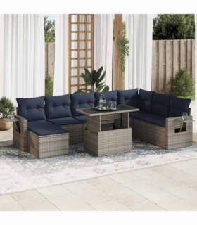 vidaXL 9 Piece Garden Sofa Set with Cushions Grey Poly Rattan Acacia