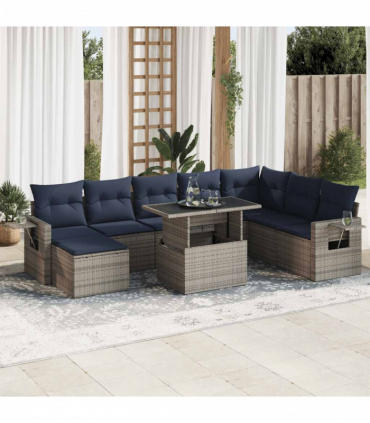 vidaXL 9 Piece Garden Sofa Set with Cushions Grey Poly Rattan Acacia