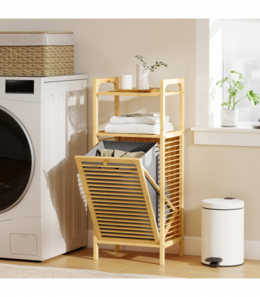 HOMCOM Removable 37L Laundry Hamper with Bamboo Bathroom Storage Cabinet