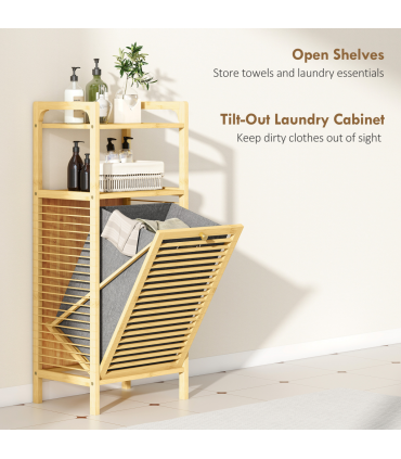 HOMCOM Removable 37L Laundry Hamper with Bamboo Bathroom Storage Cabinet