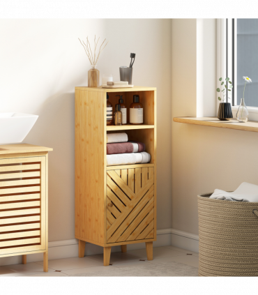 HOMCOM Narrow Bathroom Storage Cabinet with Open Compartments, Natural