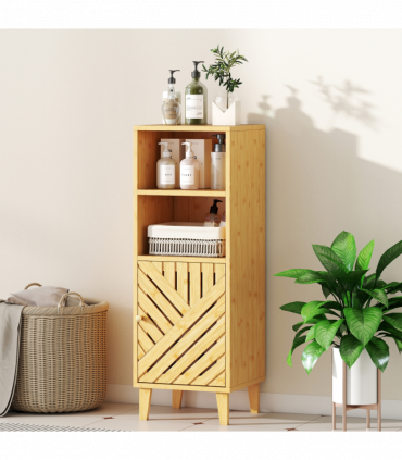 HOMCOM Narrow Bathroom Storage Cabinet with Open Compartments, Natural