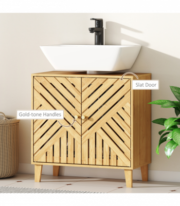 HOMCOM Bamboo Bathroom Under Sink Cabinet with Adjustable Shelf, Natural