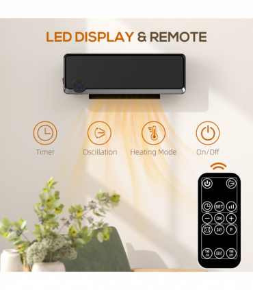 HOMCOM 1000W/2000W Wall Downflow Heater 10-49°C Temperature w/ Timer, Black