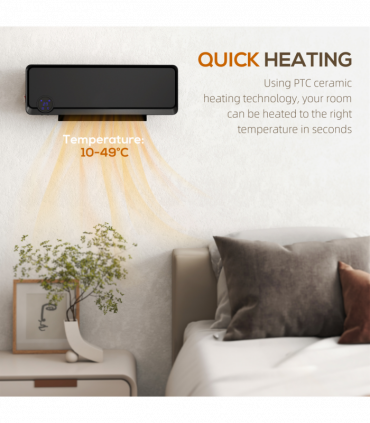 HOMCOM 1000W/2000W Wall Downflow Heater 10-49°C Temperature w/ Timer, Black