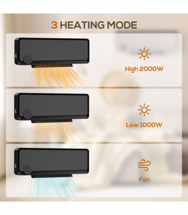 HOMCOM 1000W/2000W Wall Downflow Heater 10-49°C Temperature w/ Timer, Black