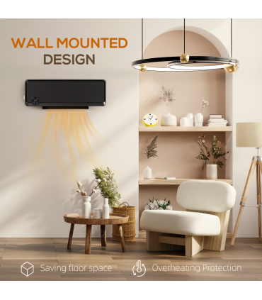 HOMCOM 1000W/2000W Wall Downflow Heater 10-49°C Temperature w/ Timer, Black