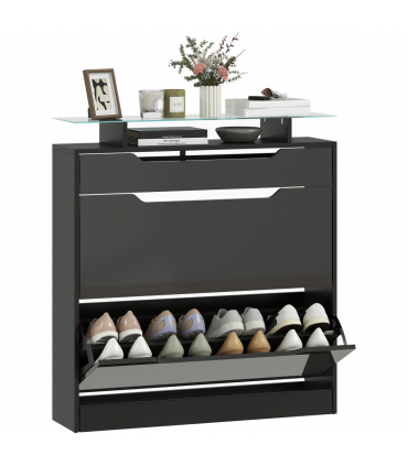 HOMCOM Shoe Cabinet with 3 Drawers, High Gloss Front Panels, Glass Top Black