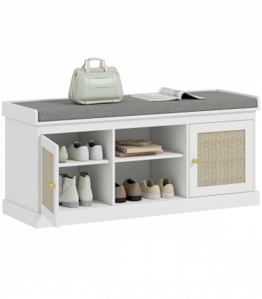 HOMCOM Shoe Bench, Boho Shoe Storage Bench with Padded Cushion, White