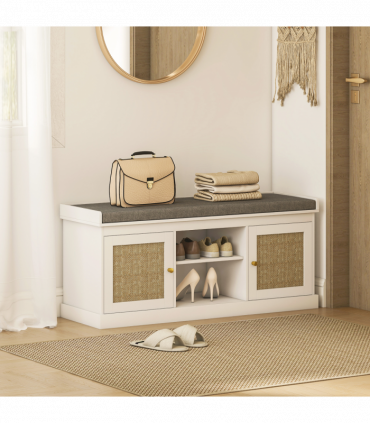 HOMCOM Shoe Bench, Boho Shoe Storage Bench with Padded Cushion, White