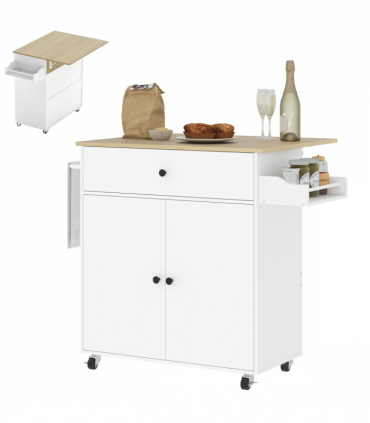 HOMCOM Kitchen Island with Drop Leaf, Rolling Kitchen Storage Trolley, White