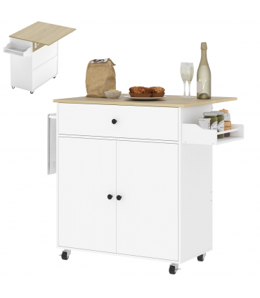 HOMCOM Kitchen Island with Drop Leaf, Rolling Kitchen Storage Trolley, White