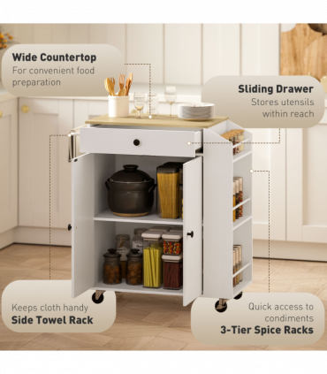 HOMCOM Kitchen Island with 3-Tier Spice Rack, Kitchen Cart with Towel Rack