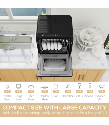 HOMCOM Worktop Dishwasher w/ 4 Place Settings 6 Programs, Black