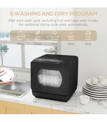 HOMCOM Worktop Dishwasher w/ 4 Place Settings 6 Programs, Black