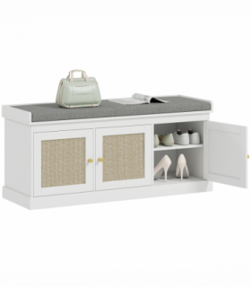 HOMCOM Shoe Storage Bench with Rattan Doors, Cushion, Entryway Shoe Bench