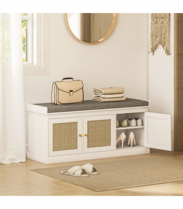HOMCOM Shoe Storage Bench with Rattan Doors, Cushion, Entryway Shoe Bench