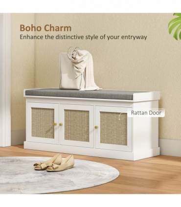 HOMCOM Shoe Storage Bench with Rattan Doors, Cushion, Entryway Shoe Bench