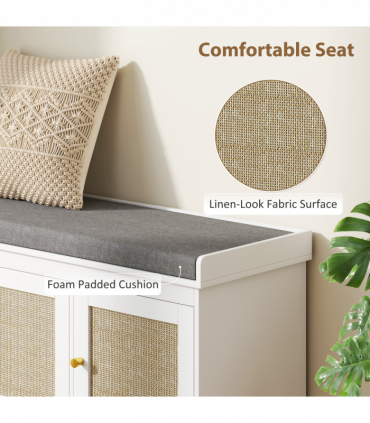 HOMCOM Shoe Storage Bench with Rattan Doors, Cushion, Entryway Shoe Bench