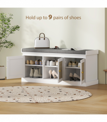 HOMCOM Shoe Storage Bench with Rattan Doors, Cushion, Entryway Shoe Bench
