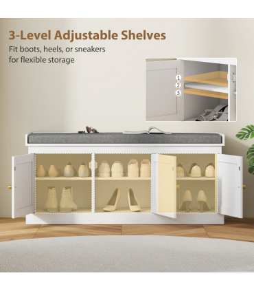 HOMCOM Shoe Storage Bench with Rattan Doors, Cushion, Entryway Shoe Bench