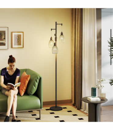 HOMCOM Industrial 3-Light Floor Lamp Dimmable LED Standing Lamp, Black