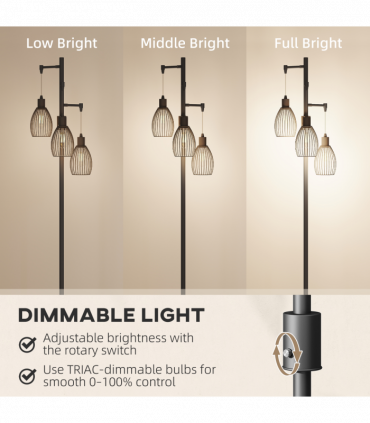 HOMCOM Industrial 3-Light Floor Lamp Dimmable LED Standing Lamp, Black