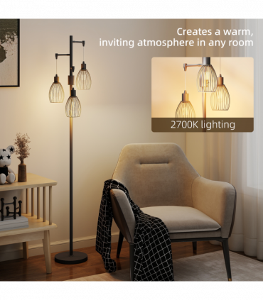 HOMCOM Industrial 3-Light Floor Lamp Dimmable LED Standing Lamp, Black