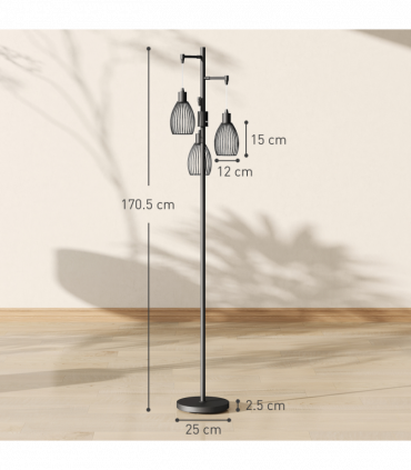 HOMCOM Industrial 3-Light Floor Lamp Dimmable LED Standing Lamp, Black