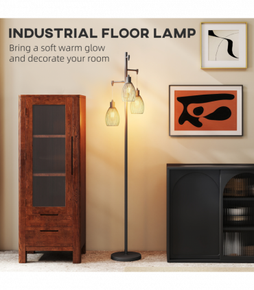 HOMCOM Industrial 3-Light Floor Lamp Dimmable LED Standing Lamp, Black