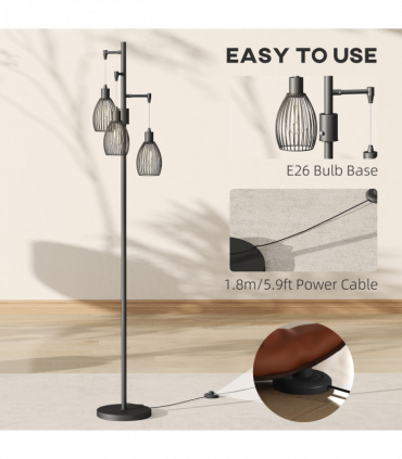 HOMCOM Industrial 3-Light Floor Lamp Dimmable LED Standing Lamp, Black