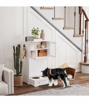 PawHut Dog Feeding Station with 2 Storage Cabinets, 2 Elevated Bowls, White