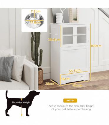 PawHut Dog Feeding Station with 2 Storage Cabinets, 2 Elevated Bowls, White