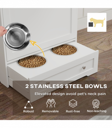 PawHut Dog Feeding Station with 2 Storage Cabinets, 2 Elevated Bowls, White