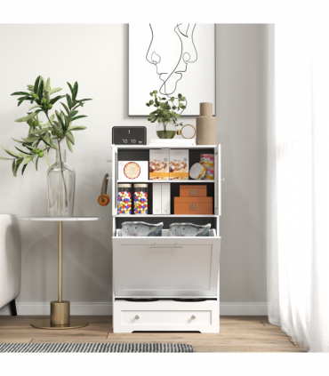 PawHut Dog Feeding Station with 2 Storage Cabinets, 2 Elevated Bowls, White