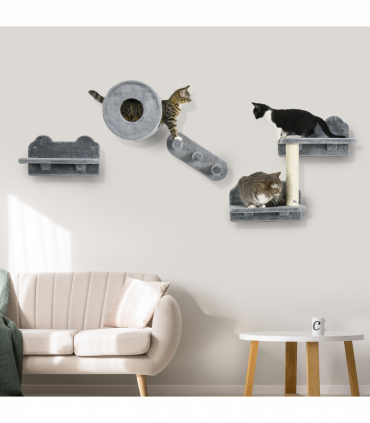 PawHut Cat Wall Furniture with Platforms, Steps, Perch, Cat House - Grey