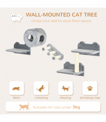 PawHut Cat Wall Furniture with Platforms, Steps, Perch, Cat House - Grey