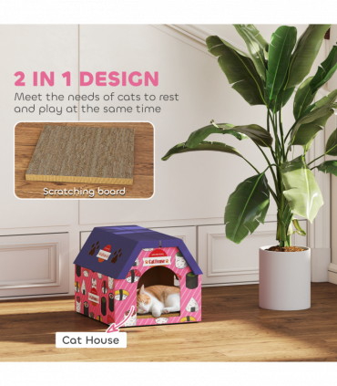 PawHut 2-in-1 Cat Scratching Board House with 4 Paw-Shaped Vents, Pink