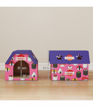 PawHut 2-in-1 Cat Scratching Board House with 4 Paw-Shaped Vents, Pink