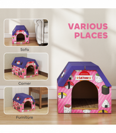 PawHut 2-in-1 Cat Scratching Board House with 4 Paw-Shaped Vents, Pink