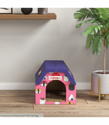 PawHut 2-in-1 Cat Scratching Board House with 4 Paw-Shaped Vents, Pink