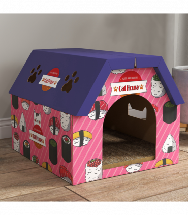 PawHut 2-in-1 Cat Scratching Board House with 4 Paw-Shaped Vents, Pink