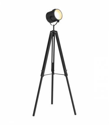 HOMCOM Industrial Tripod Floor Lamp Wood Height Adjustable Spotlight, Black