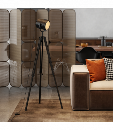 HOMCOM Industrial Tripod Floor Lamp Wood Height Adjustable Spotlight, Black