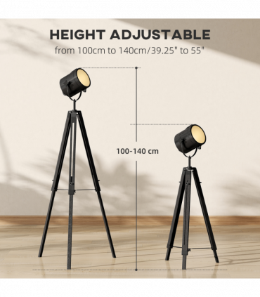 HOMCOM Industrial Tripod Floor Lamp Wood Height Adjustable Spotlight, Black