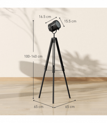 HOMCOM Industrial Tripod Floor Lamp Wood Height Adjustable Spotlight, Black